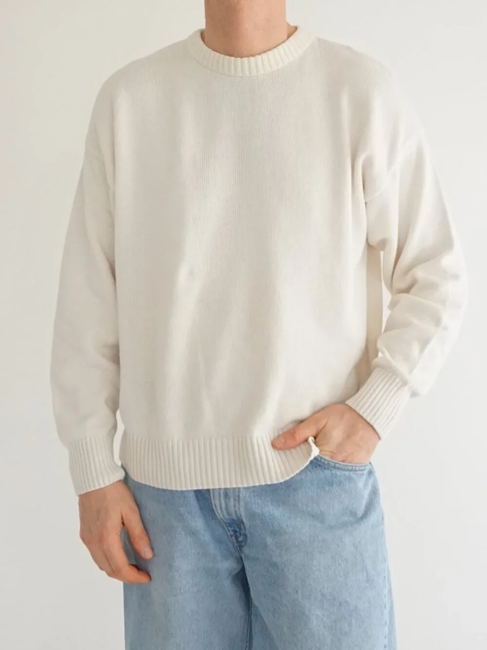 Vintage Classics Cream Solid Knit Minimal Ribbed Hem Crew Neck Sweater Cotton M - Picture 1 of 10